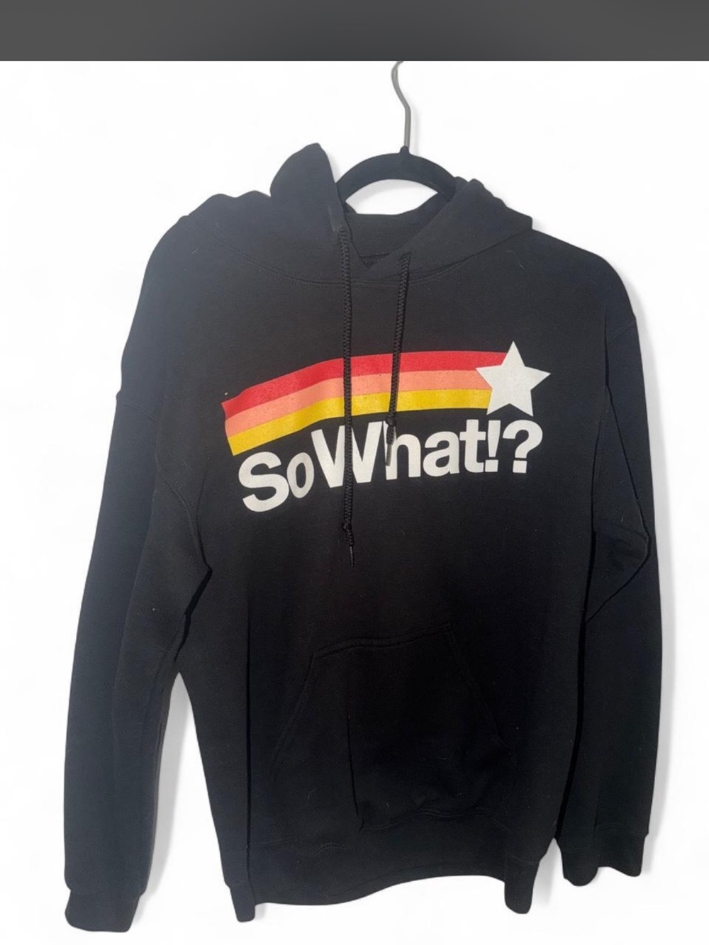 Black "So What!?" Graphic Hoodie with Retro Stripe and Star
